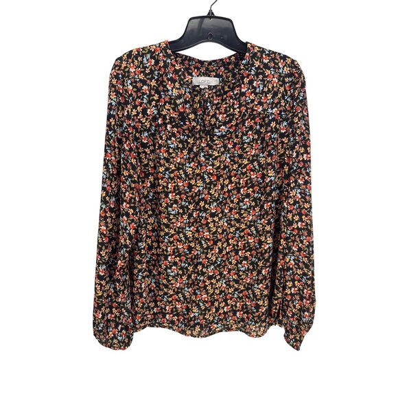 Loft Floral Ruffle Neck Blouse M Brown Long Sleeve Boho Cottagecore Career - Picture 7 of 8